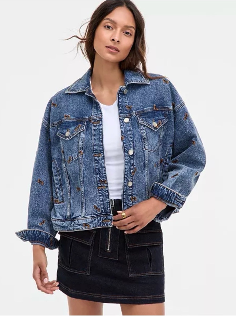 NEW Avec Les Filles Horse Embroidered Denim Trucker Jacket 99% COTTON SZ MED